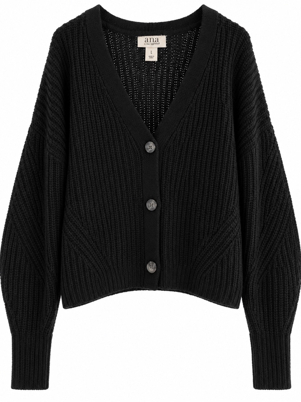 a.n.a Black Ribbed V-Neck Button Crop Cardigan